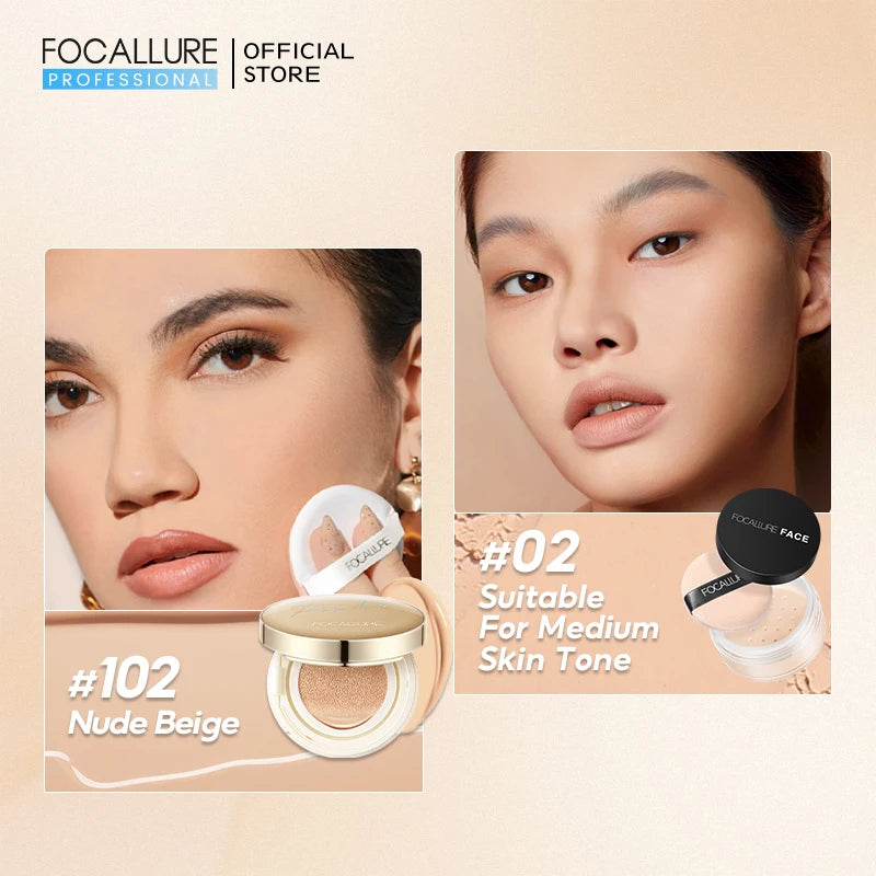 FOCALLURE Air Cushion Poreless BB Cream Resistente al agua Corrector facial iluminador de larga duración Base mate Cosméticos con borla