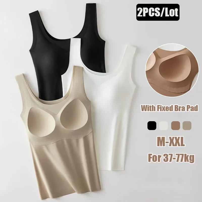 2 piezas/lote de camiseta sin mangas de seda sin costuras con almohadilla fija en el pecho para mujer, camisola sin mangas, ropa interior exterior, camisola de verano de alta elasticidad