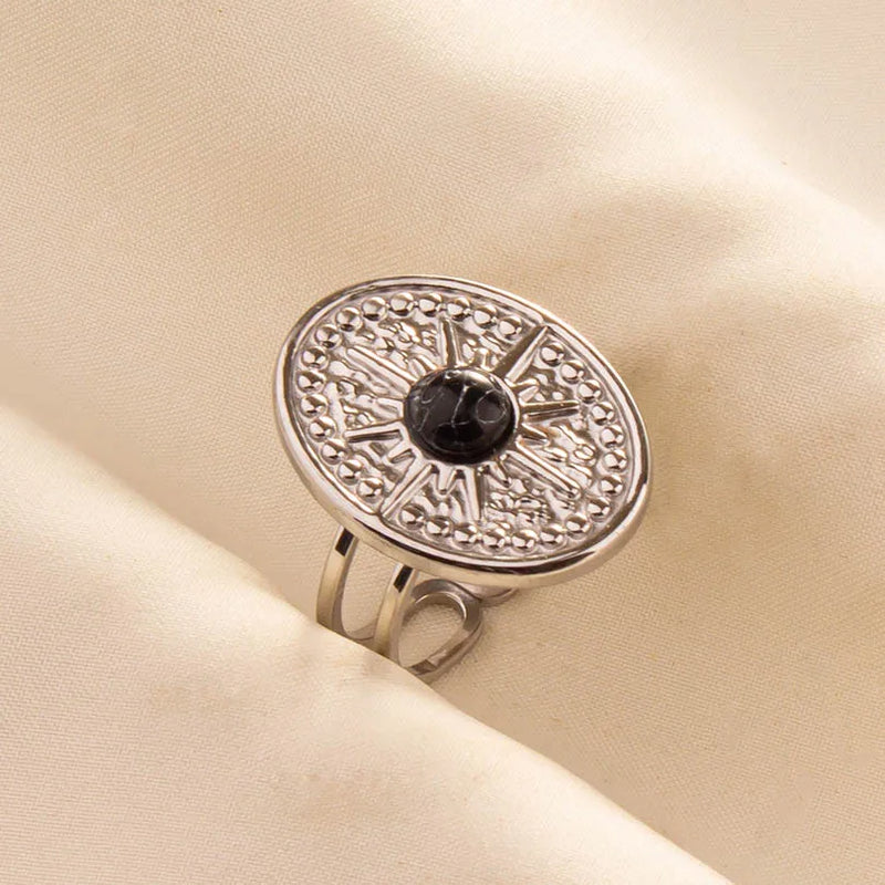 1pc Boho Turquoise Ring Stainless Steel Black Stone Silver Color Adjustable Ring Women Ethnic Ring Bohemian Jewelry Gift No Fade