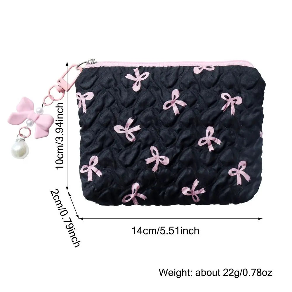 Cotton Makeup Bag for Women Quilted Travel Cosmetic Bag Girls' Make Up Organizer Portable Little Bow Makeup Pouch