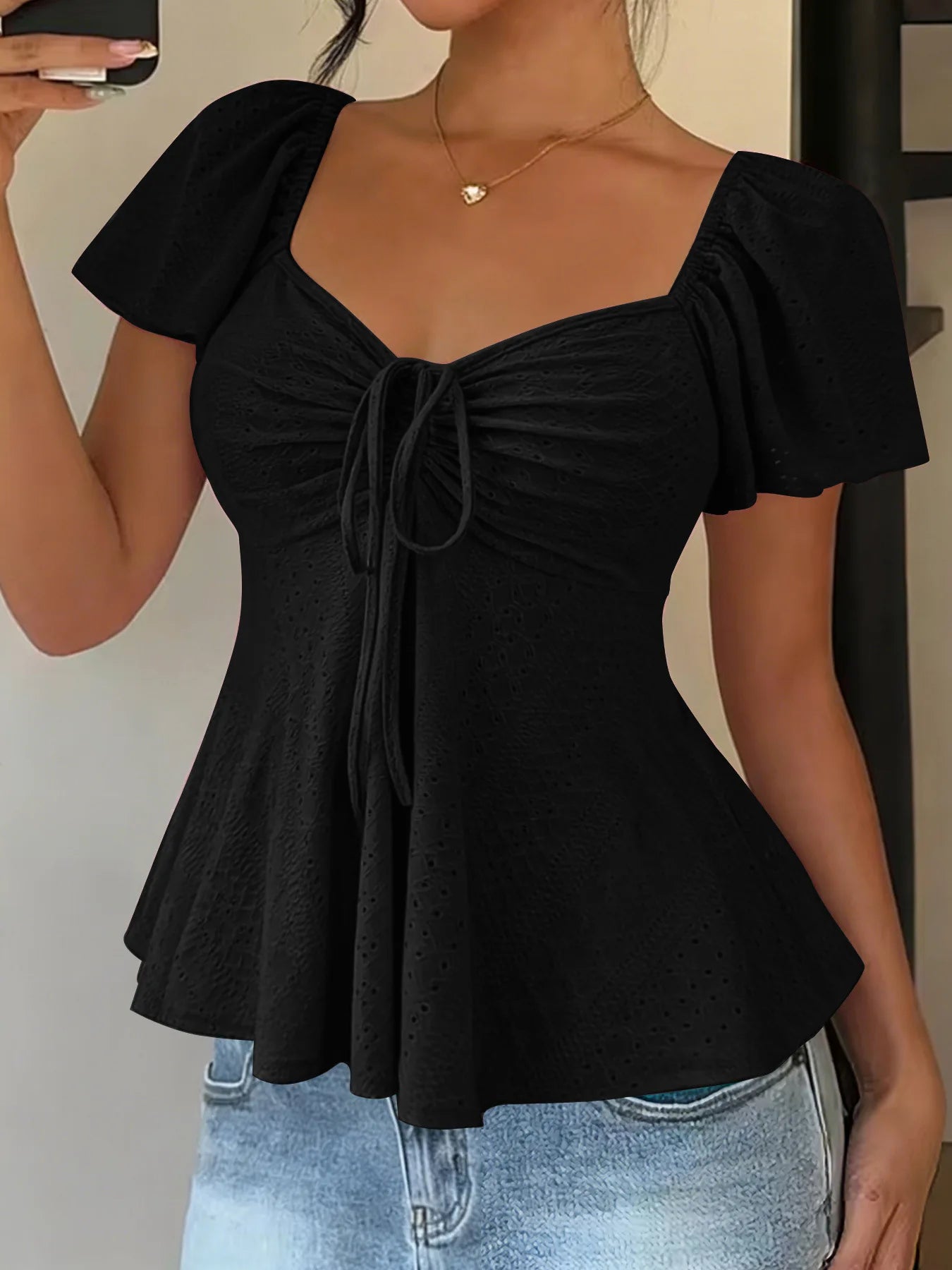 2026 Women Y2k Summer Tops V-Neck Drawstring Sexy Lace Up Short Sleeve Solid Color Shirts Female Elegant Casual Fashion Blouses