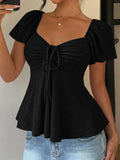 2026 Women Y2k Summer Tops V-Neck Drawstring Sexy Lace Up Short Sleeve Solid Color Shirts Female Elegant Casual Fashion Blouses