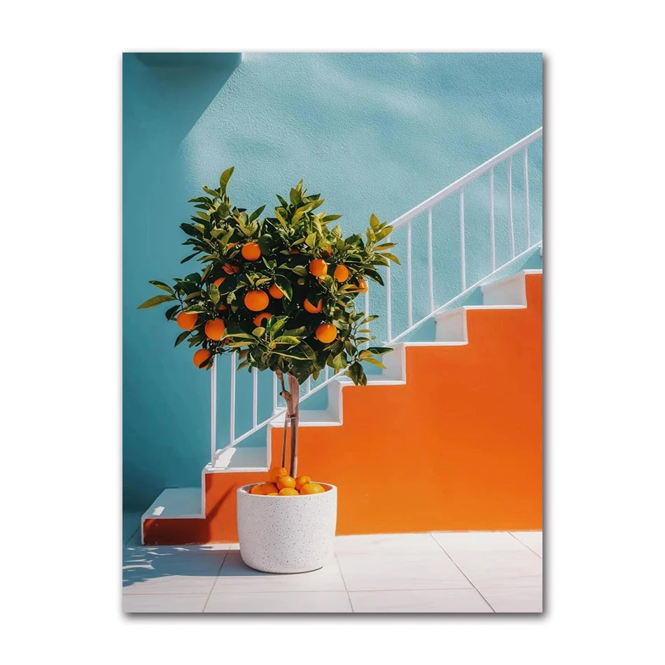 Retro Mediterranean Greece Landscape Poster Canvas Painting Wall Art Pictures Home Decoration Italian Lemon Orange Olive Tree