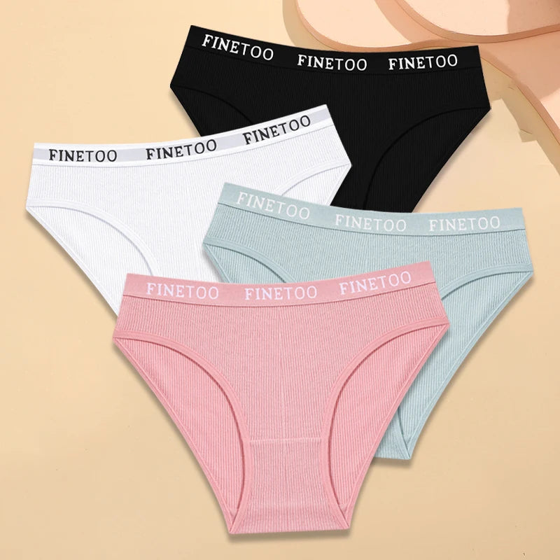 FINETOO - 4 piezas de ropa interior de algodón a rayas para mujer, bragas con cinturón y letras, lencería de cintura baja, bragas transpirables sólidas
