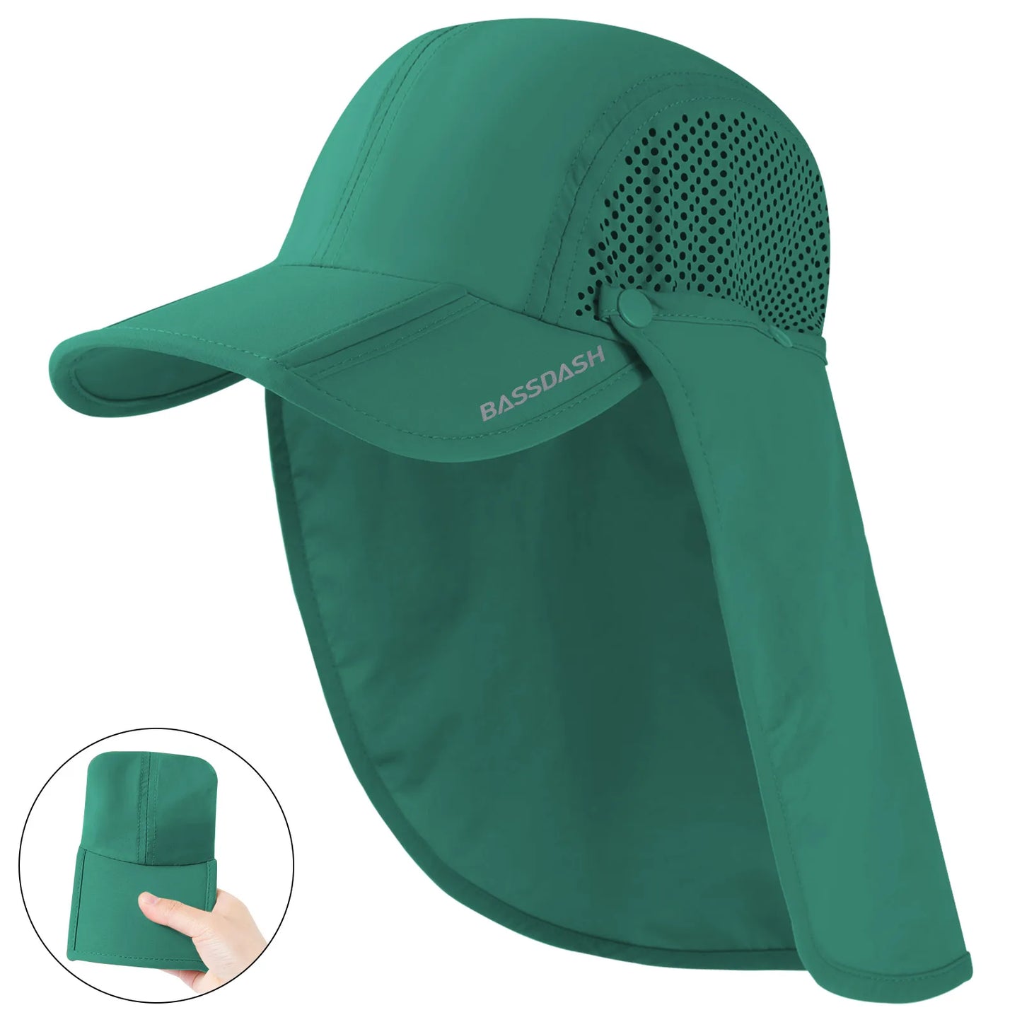 BASSDASH UPF 50+ Foldable Fishing Hat Baseball Cap with Removable Neck Flap Portable for Men Women Golf Hiking