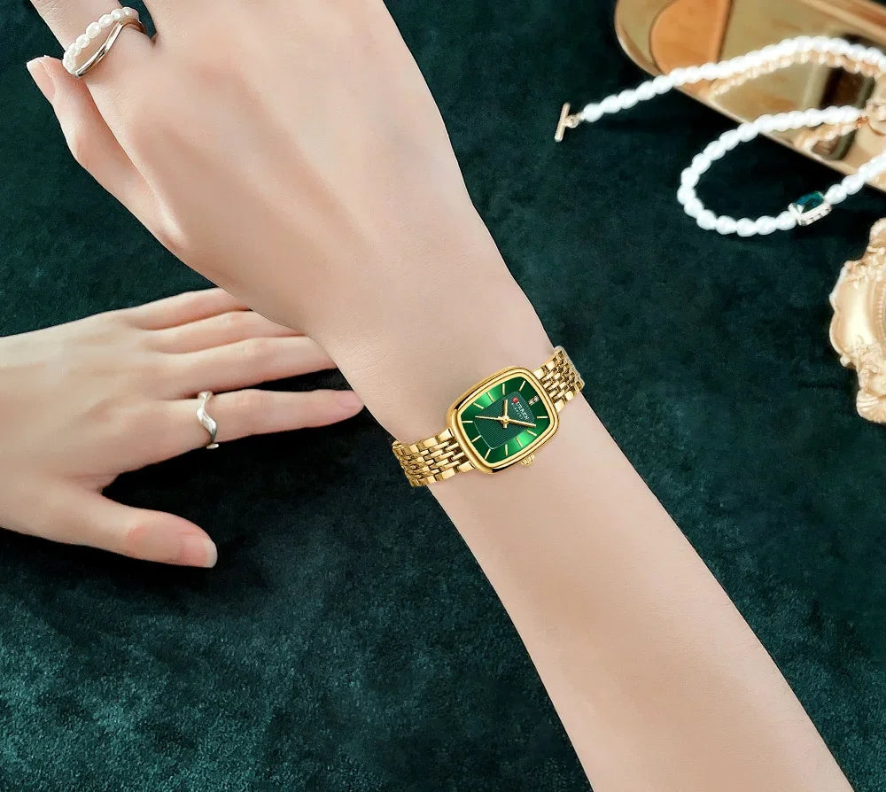 Relógio feminino quadrado dourado em aço inoxidável com calendário