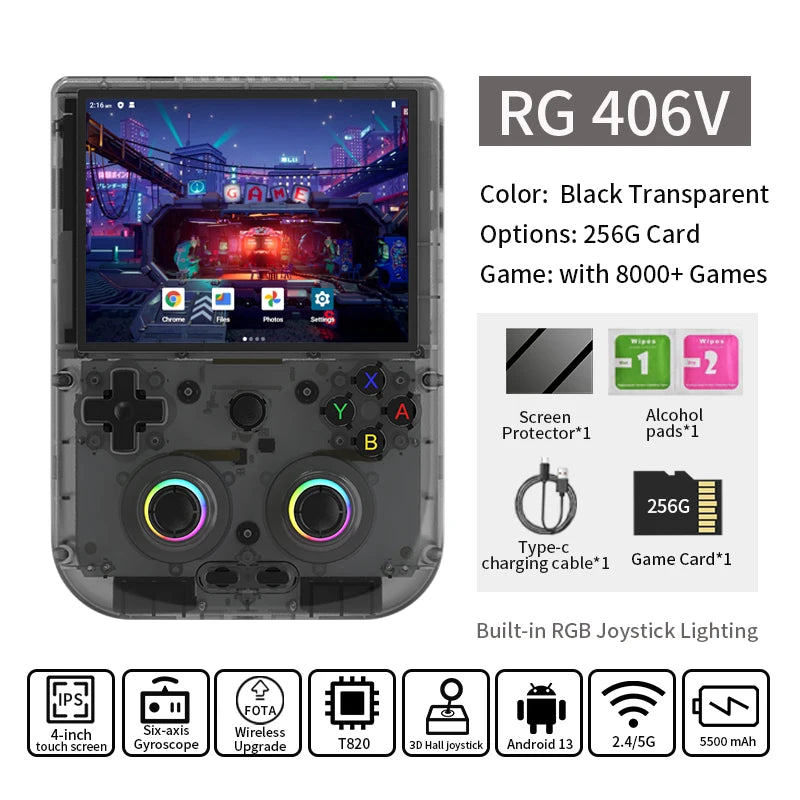 ANBERNIC RG406V Retro Handheld Game Console 4" IPS Multi-touch Screen Android 3D Hall Joystick 5500mAh Video Player 1080p DP Out