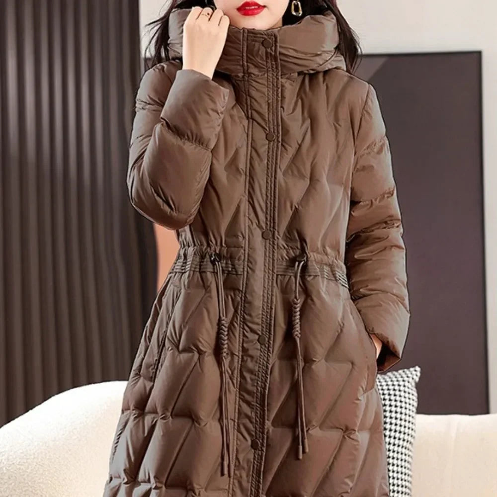 2024 Jacket Women Hooded Parkas Casual Long White Duck Down Jacket Winter Coat Female Drawstring Zipper Outerwear Slim Coats