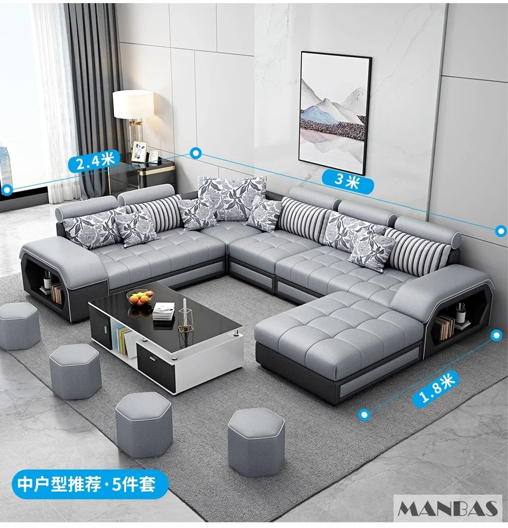 Linlamim Fabric Sofa Set Furniture Living Room Sofa Set with USB and Stools / Big U Shape Cloth Couch Sofas for Home Furniture