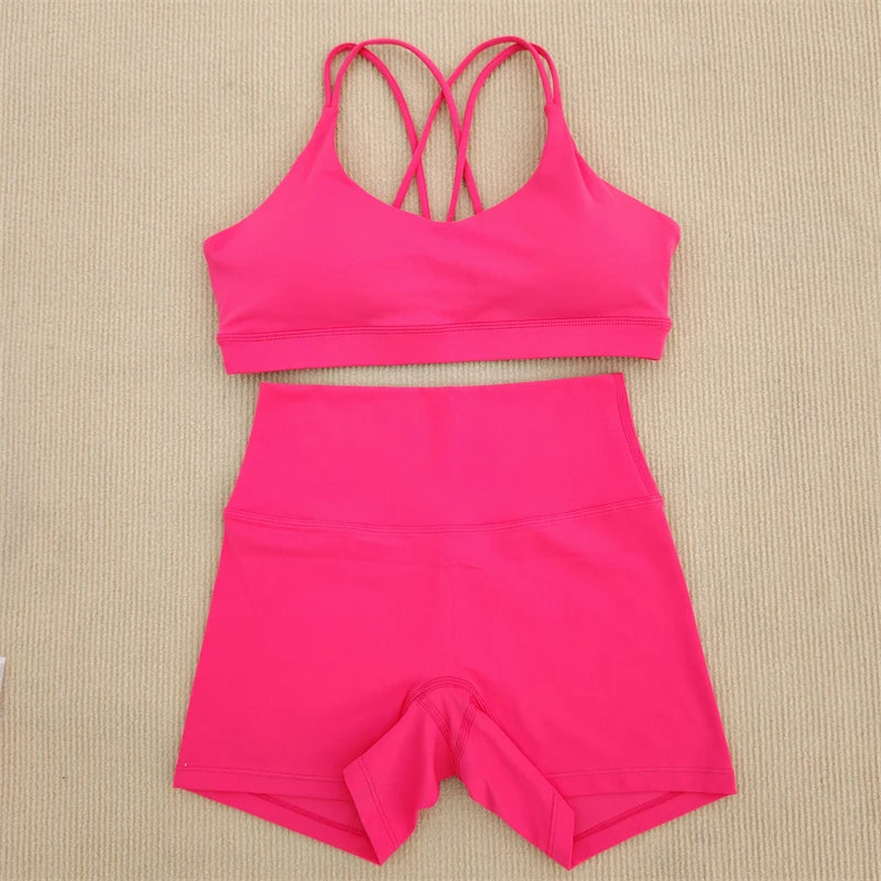 Women Gym Suit Yoga Clothes Shorts Leggings+ Bra 2-Piece Set Running Exercise Fitness Sportswear High Waist Cross Beautiful Back