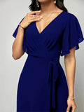 Women's New Solid V Neck Flutter Sleeve Tie Waist Split Wide Leg Jumpsuit Elegant Slimming Versatile Party Daily Casual Jumpsuit