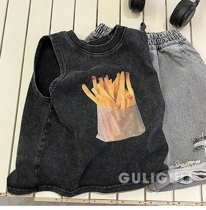 T-shirt Summer Wear Children Clothing Retro Black Cotton Handsome Boys Sleeveless Easy Vest Tide Tops 2024 Fashion Cool