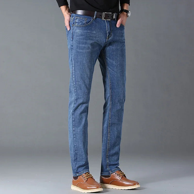 Spring Autumn Business Men Jeans Casual Straight Stretch Fashion Classic Black Sky Blue Grey Work Denim Trousers Brand Clothing