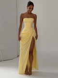 Sexy Solid Pleated Strapless Dress Lady Chic Off-shoulder Backless High Waist Split Dresses Women 2026 New Evening Party Gown