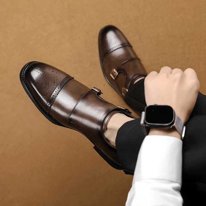 Italian Men's Brogue Shoes Brown Low Cut Commuting Business Casual Shoes Men's Banquet Leather Shoes Soft Sole Big Size：38-48