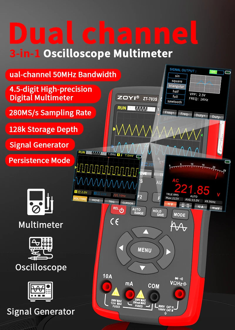ZOYI ZT-703S Two-Channel Oscilloscope, Multifunction Signal Generator, 3-in-1 High-Precision Electrician Tool