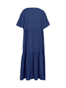 Plus Size 2025 Summer New V-neck Short Sleeve Pleated Solid Colour Loose Casual Midi Dress Basic Hem Pleated