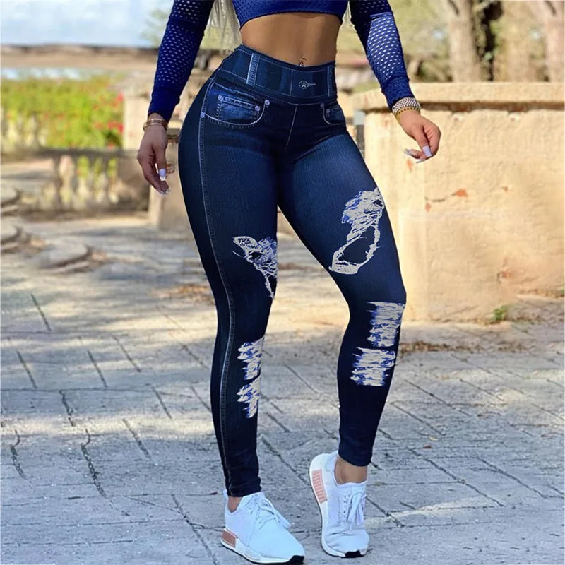 Women's 2023 New Spring High Waist High Stretch Faux Denim Leggings Fitness Sports Yoga Pants Streetwear Y2K