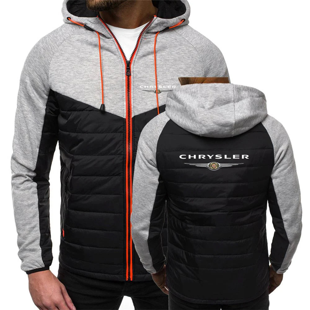 CHRYSLER 2022 Men's New Winter Hooded Cotton Jacket Casual Slim Fit Patchwork Zipper Coat Long Sleeves Warm Oversized Coat Tops