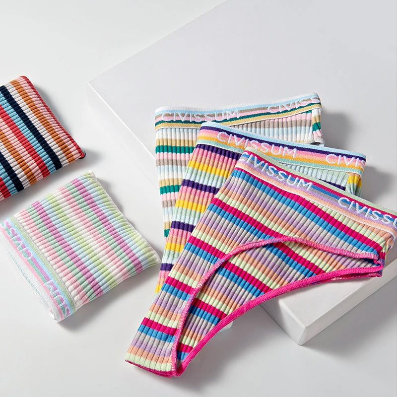 3 unids/set de bragas de algodón a media cadera para mujer, ropa interior femenina de cintura baja, lencería Sexy colorida a rayas de arco iris, bragas lindas para niñas NK606