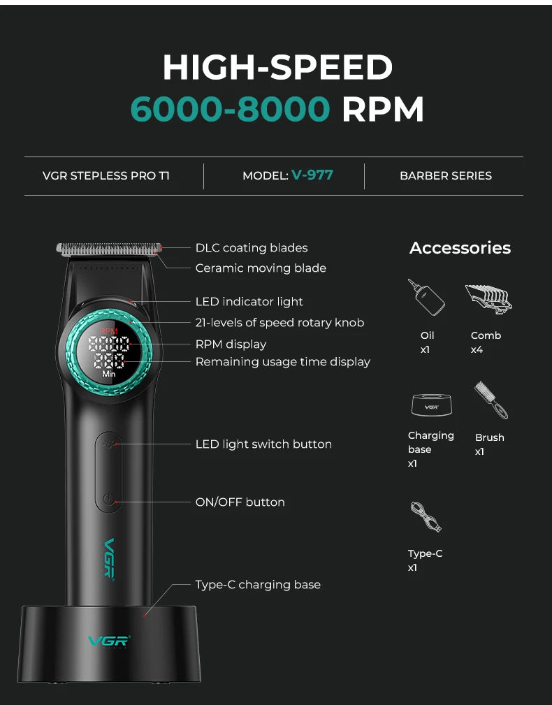 VGR 001 977 new hair trimming set high-end men's hair clipper intelligent digital display electric carving and whitening trimmer