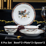 Bone China Tableware Set, Ceramic Luxury Kitchen Dinnerware, Porcelain Bowl, Plate, Spoon Combination, Wedding Gift, Horse Finished