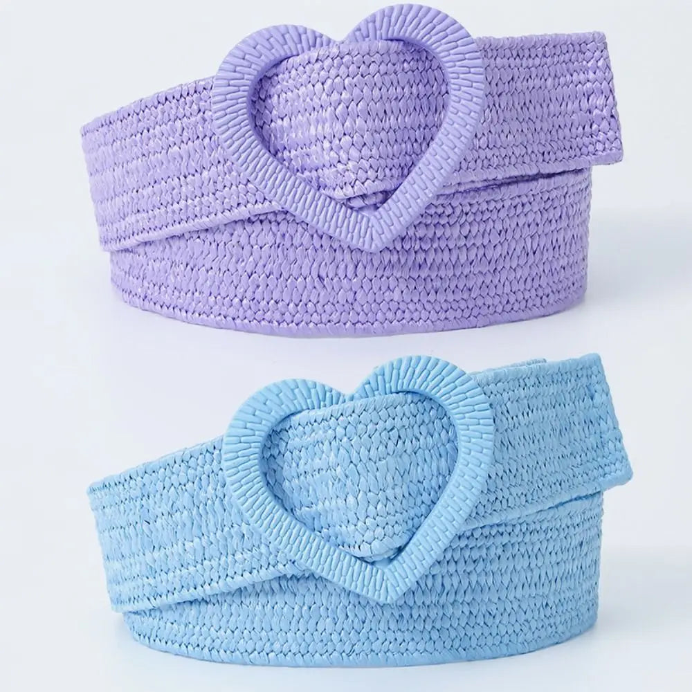 Straw Woven Waist Belt Summer Love Heart Buckle Candy Color Waistband Dress Decoration 4cm Wide Braided Belt