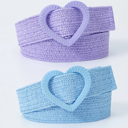 Straw Woven Waist Belt Summer Love Heart Buckle Candy Color Waistband Dress Decoration 4cm Wide Braided Belt