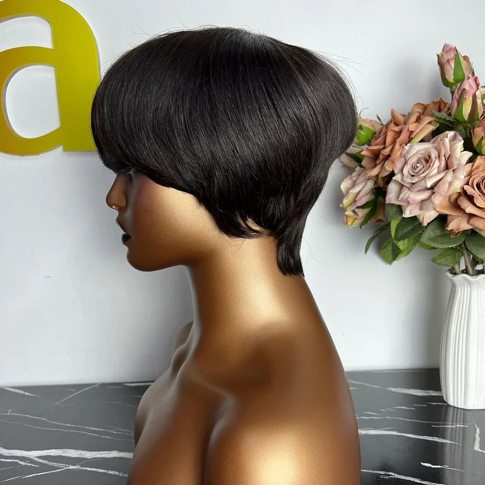 Short Pixie Cut Human Hair Wig for Black Women, Machine-Made Wigs with Bangs, Short Human Hair Wigs