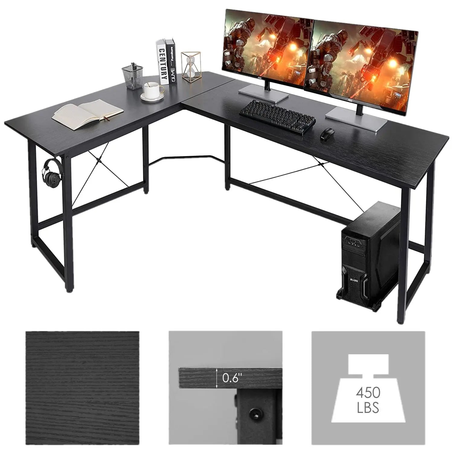 Escritorio en forma de L Homfa de 170 cm (66,5") para ordenador, gaming, portátil, oficina, mesa de trabajo esquinera, escritorio de estudio, 170 x 120 x 75 cm