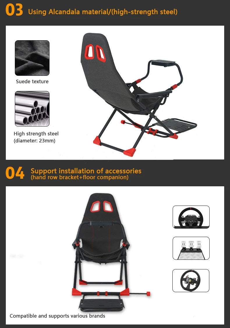 Inicio Simulador de juegos Simulador de carreras plegable Soporte de asiento Soporte de volante Experimentador de juegos de carreras