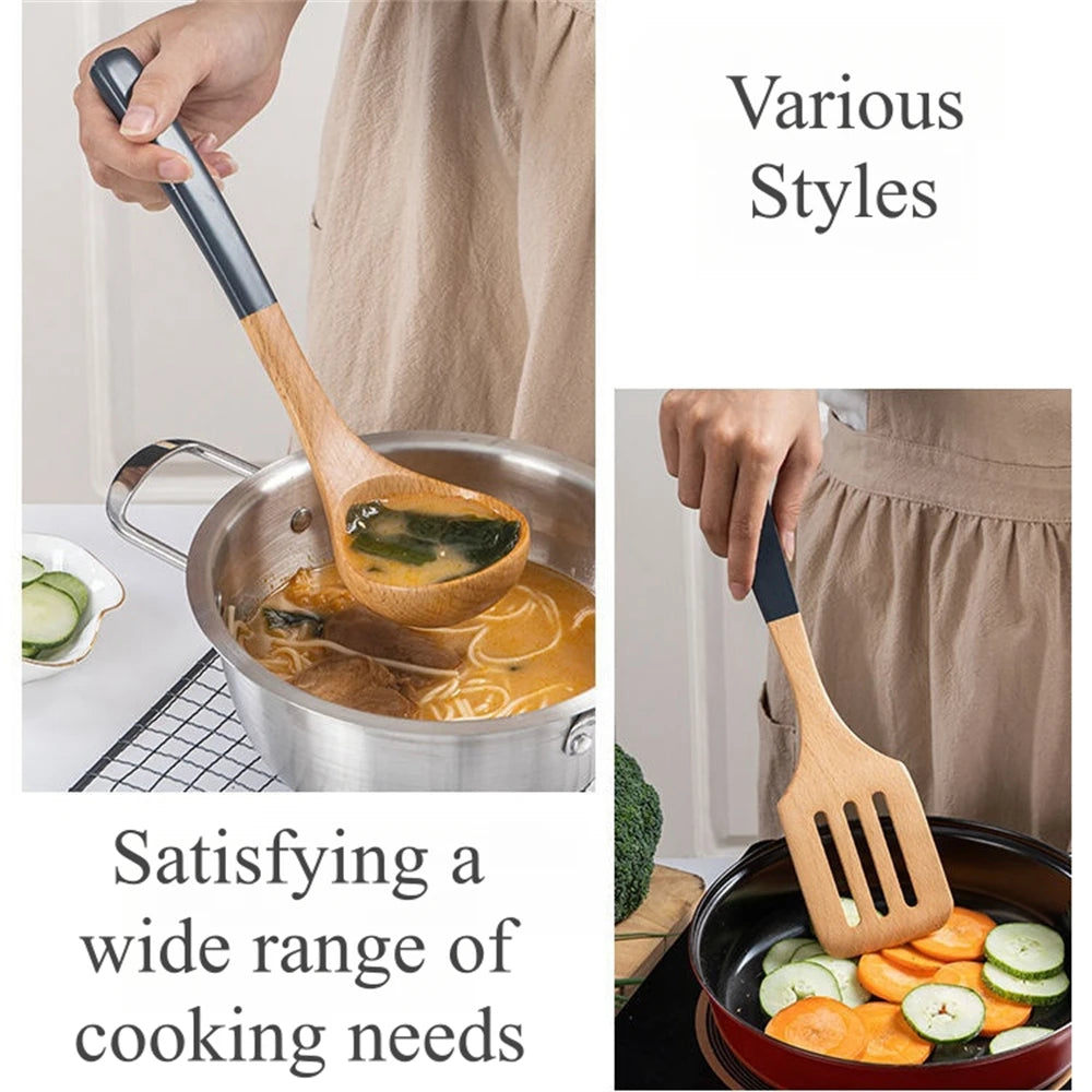 Espátula de madera con mango largo para cocinar, antiadherente, para saltear, resistente al calor, para el hogar, accesorio de cocina