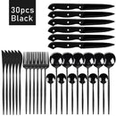 30pcs Black Dinnerware Set Stainless Steel Steak Knife Fork Coffee Spoon Teaspoon Flatware Dishwasher Safe Kitchen Tableware Set
