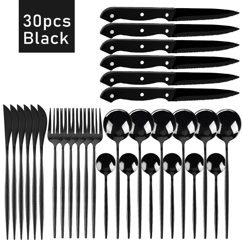 30pcs Black Dinnerware Set Stainless Steel Steak Knife Fork Coffee Spoon Teaspoon Flatware Dishwasher Safe Kitchen Tableware Set