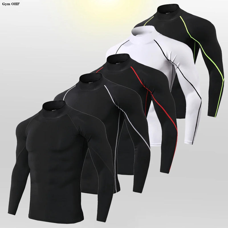 Novas camisetas esportivas masculinas de pescoço alto ginásio rápido fitness correndo compressão topos casual ao ar livre camisa masculina roupas de proteção solar