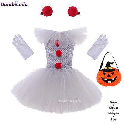 Gray Joker Girls Halloween Costume Tutu Dress Creepy Clown Kids Carnival Party Cosplay Clothing Children Tulle Fancy Dress 2-12Y