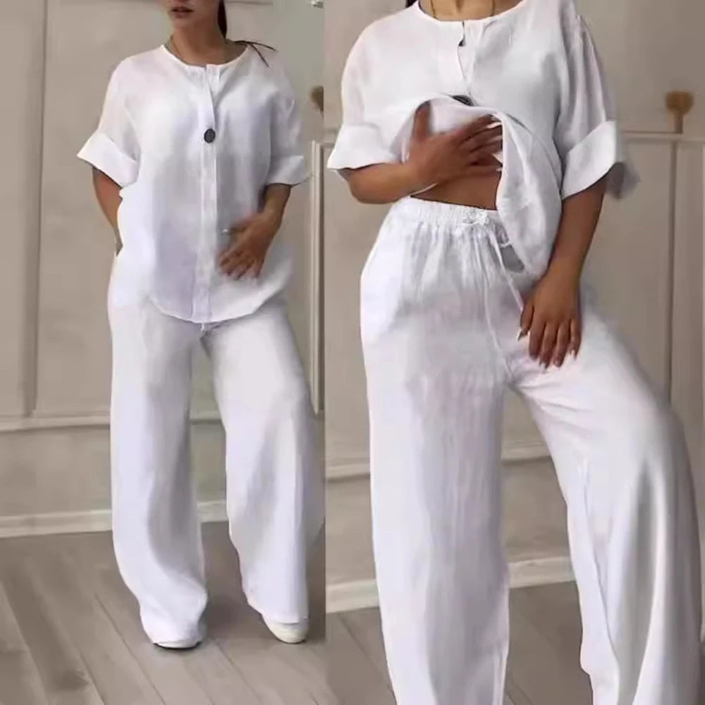 Cotton Linen Sets Two 2 Pieces Sale Casual Long Sleeve Button Loose Blouse Shirt & High Elastic Wide Leg Loose Pant Suits NMD-3021