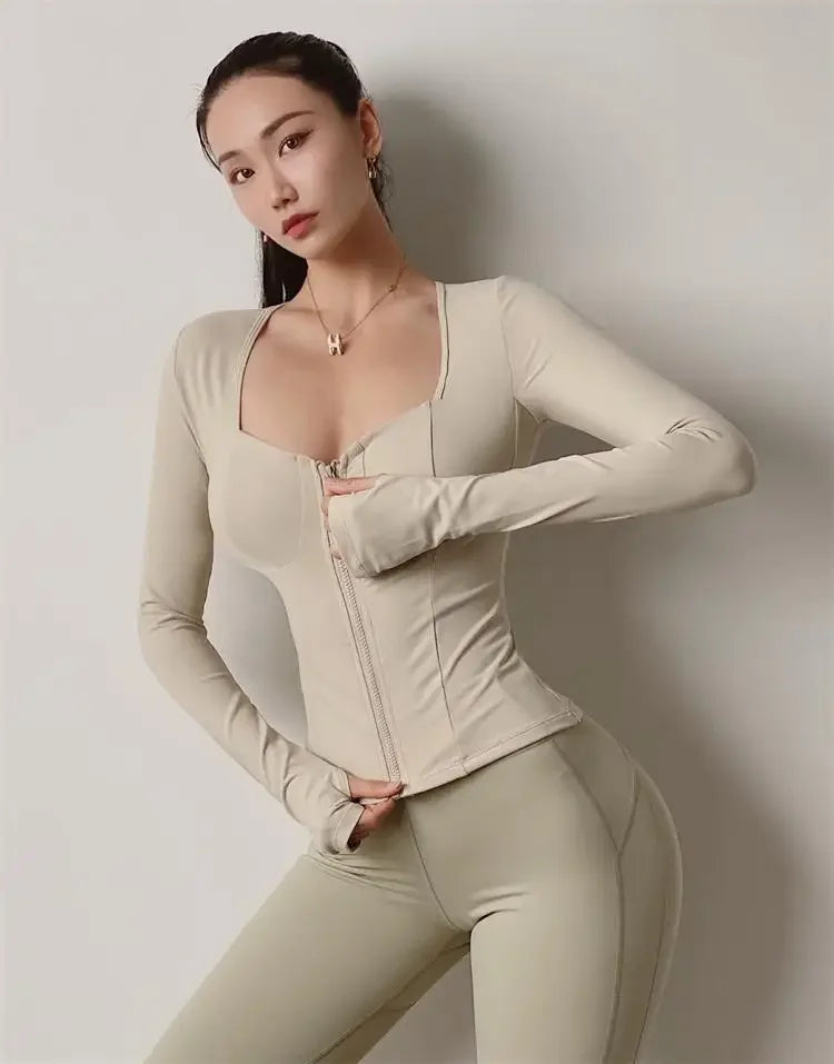 Sexy Slim Fit Long Sleeve Sports Jacket With Chest Pad Women's Yoga Running Fitness Top For Autumn Nike Airbag Training Shoes