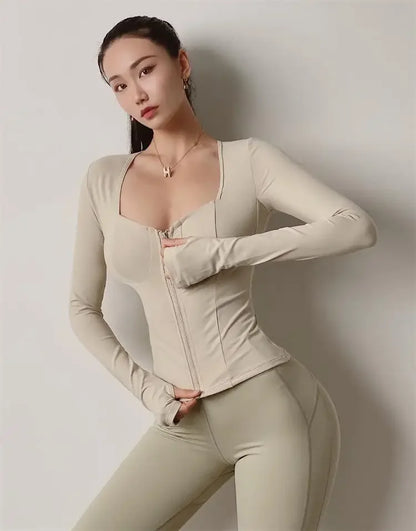Sexy Slim Fit Long Sleeve Sports Jacket With Chest Pad Women's Yoga Running Fitness Top For Autumn Nike Airbag Training Shoes