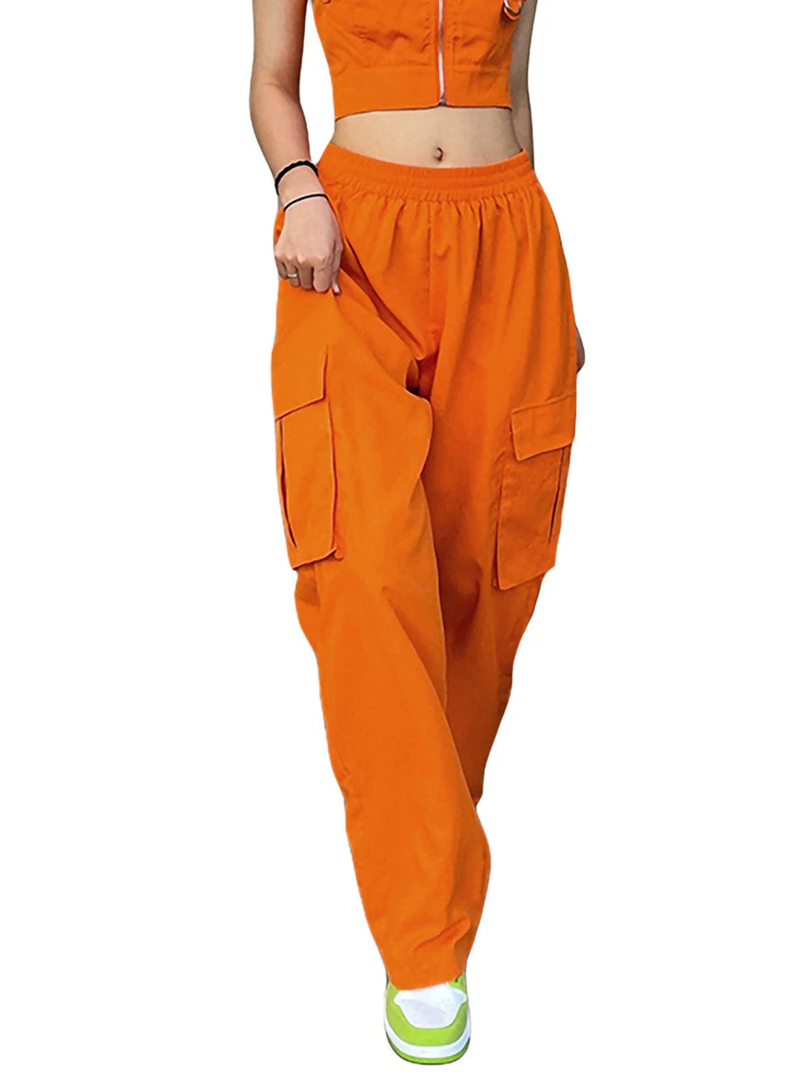 Pantalones Cargo de cintura baja naranja para mujer, pantalones vaqueros Harajuku Vintage de talle bajo, holgados, Joggers de Hip Hop, pantalones de chándal Punk de pierna ancha