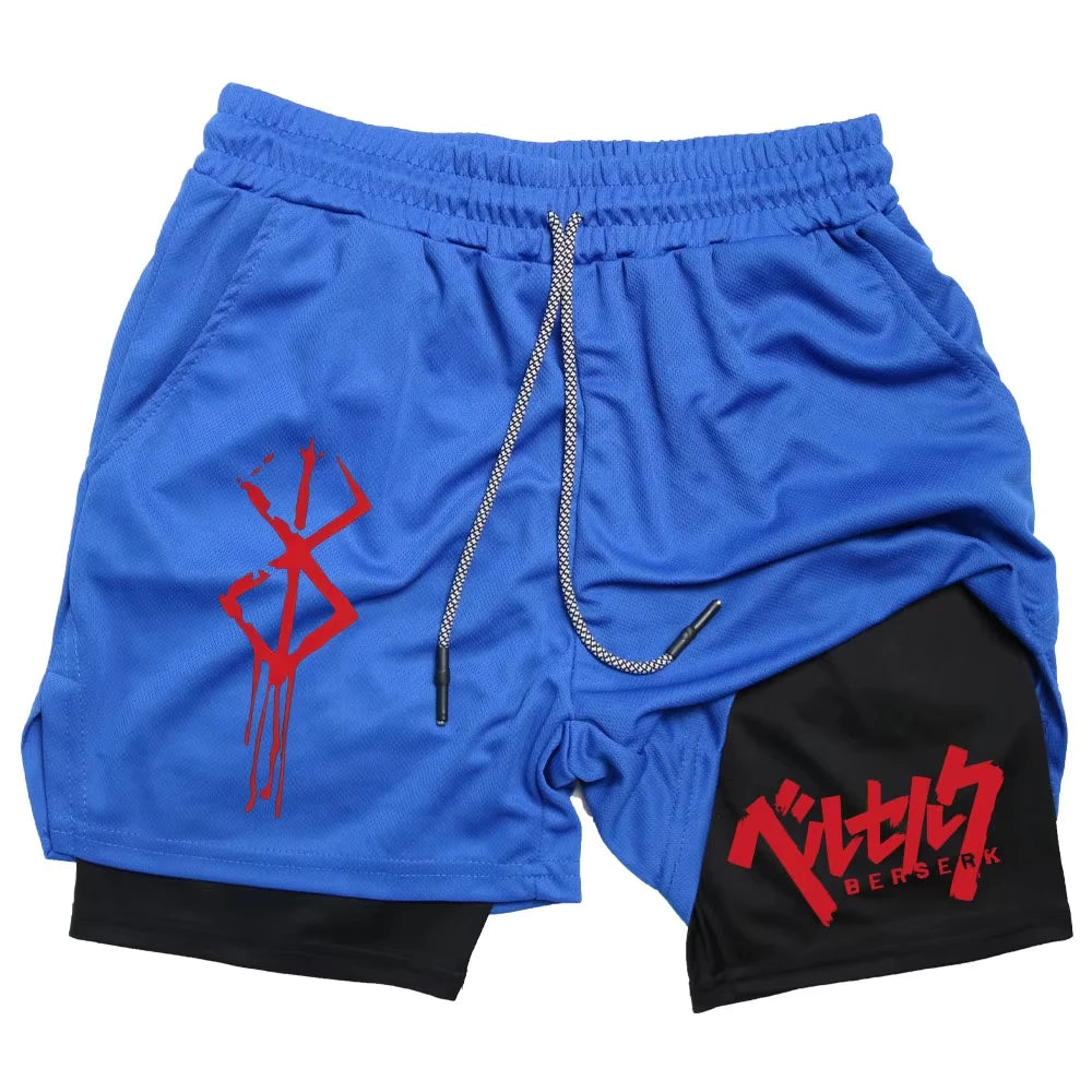 Anime Berserk Performance Shorts Men 2 in 1 Running Compression Shorts Training Yoga Gym Sportswear Workout Shorts with Pockets
