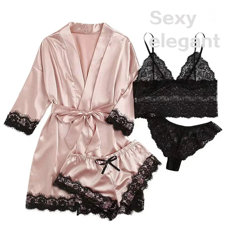 Pijama de 4 piezas para mujer, con bata, lencería sexy de encaje, bata de baño de seda satinada, ropa de dormir para el hogar.
