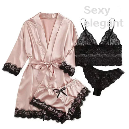 Pijama de 4 piezas para mujer, con bata, lencería sexy de encaje, bata de baño de seda satinada, ropa de dormir para el hogar.