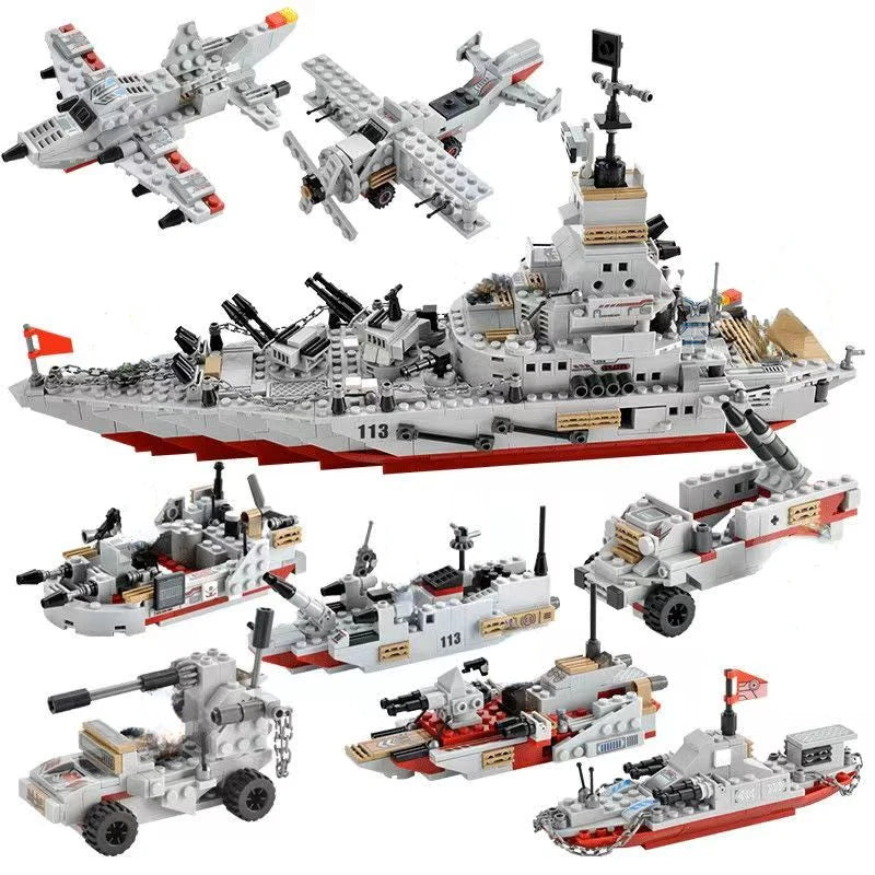 1000+Pcs Navy War Chariot Ship Army Boat Plane Model Warships Building Blocks City Children Toys for Boy