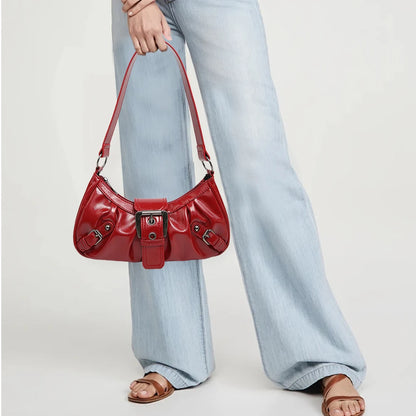 Women's Pleated Hobo Red Shoulder Bag Vintage Leather Spicy Girl Y2K Armpit Bag Rivet Belt Trendy Saddle Bag Travel Commuter Bag
