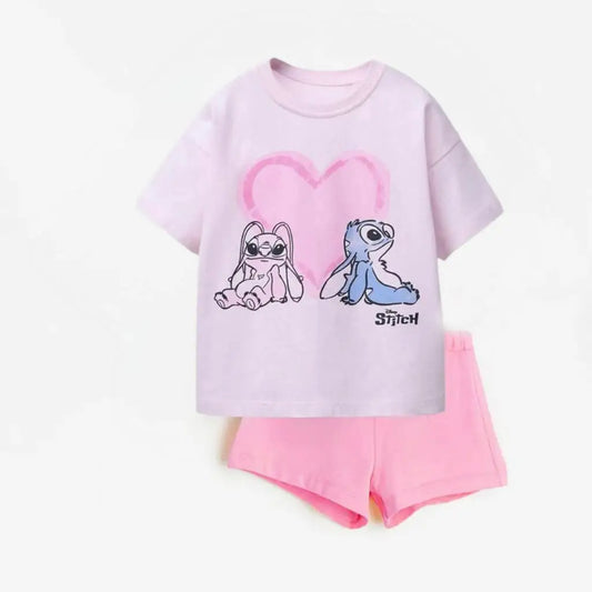 Girls' Pink T-shirt + Shorts Cute 2-Piece Set Summer Clothing Short Sleeve Tracksuits Cartoon Print Tees Children's Casual Loose Suit