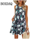 Summer Dresses For Women Casual Beach Sleeveless Floral Print Tank Loose Sundress With Pockets Women's Plus Size Dress 8XL 9XL