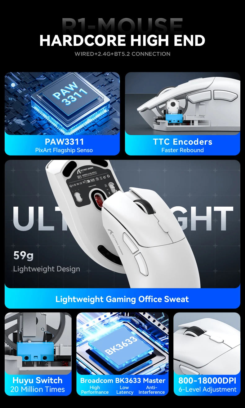 Ratón Bluetooth Attack Shark R1, 18000 dpi, PAW3311, conexión inalámbrica trimodo, ratón para juegos macro