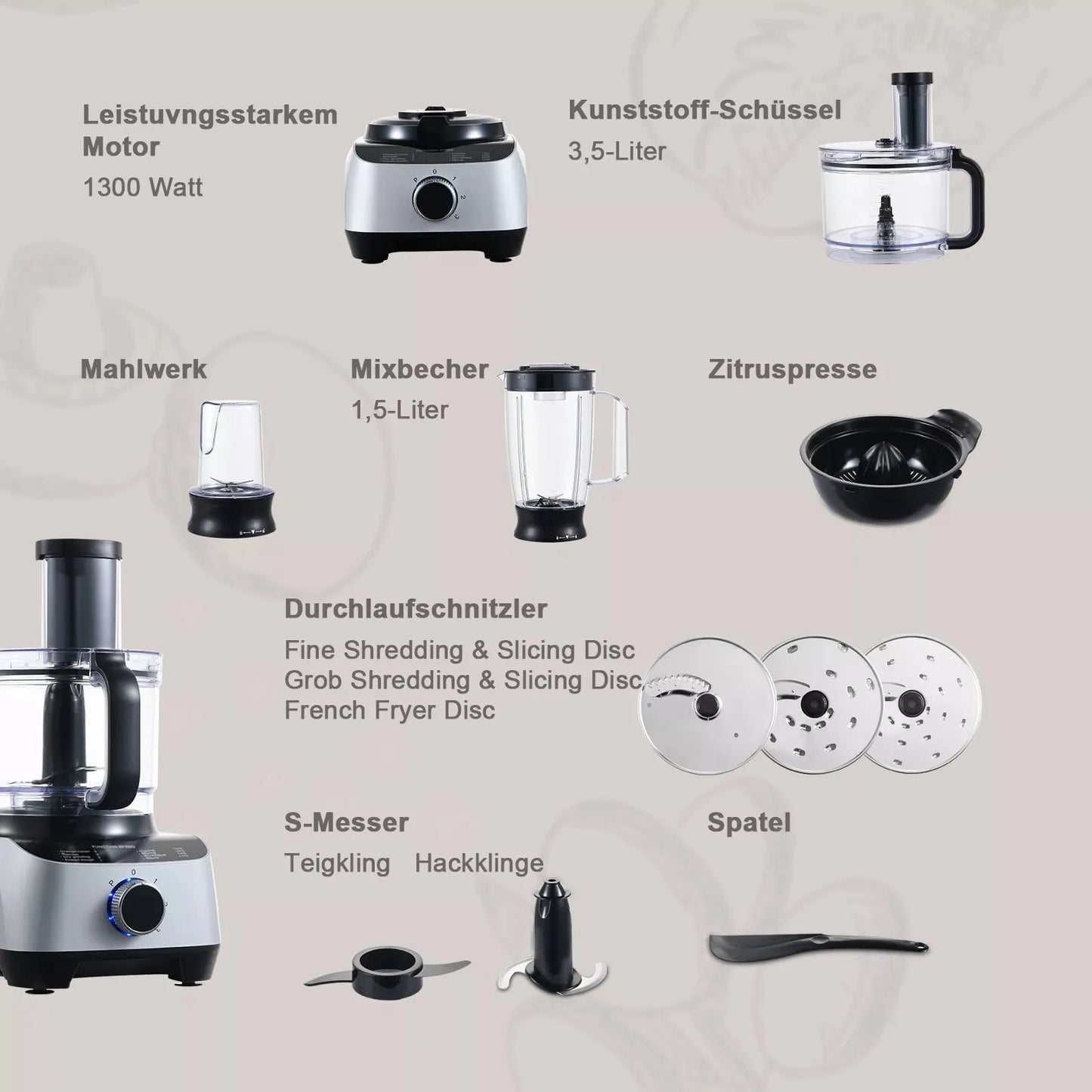Topstrong 1300W Multifunctional 11-in-1 Whisk Kitchen Mixer Food processor YYFP410
