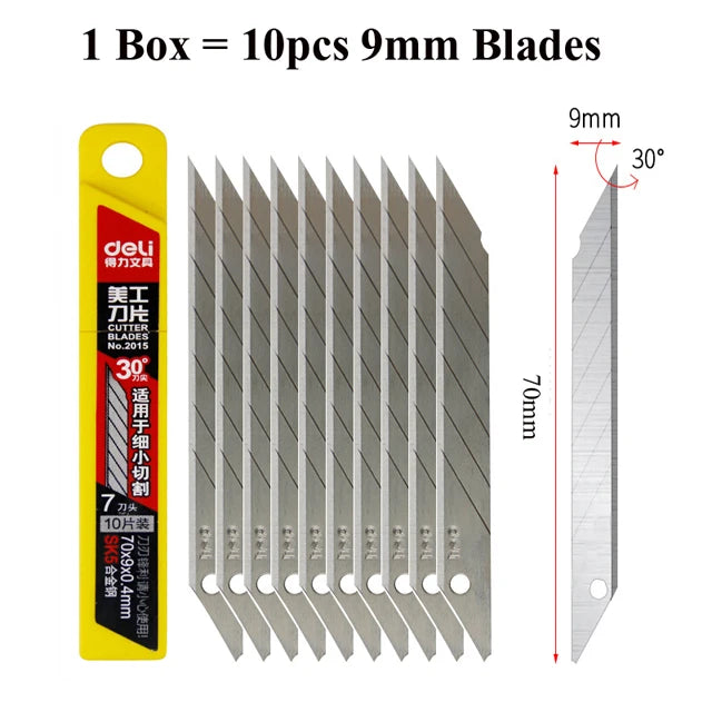 Deli 10pcs/box Knife Blade 9mm 18mm SK5 Metal Blades for Home School Supplies Art Craft Paper Box Cutting Utility Knife Tool